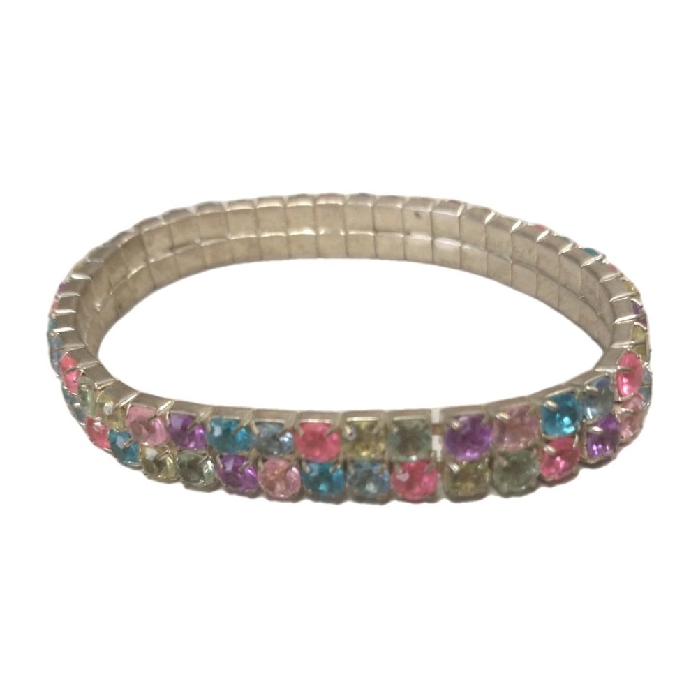 Vintage Colorful Rhinestone Silver Tone Stretch Tennis Bracelet Rainbow Band